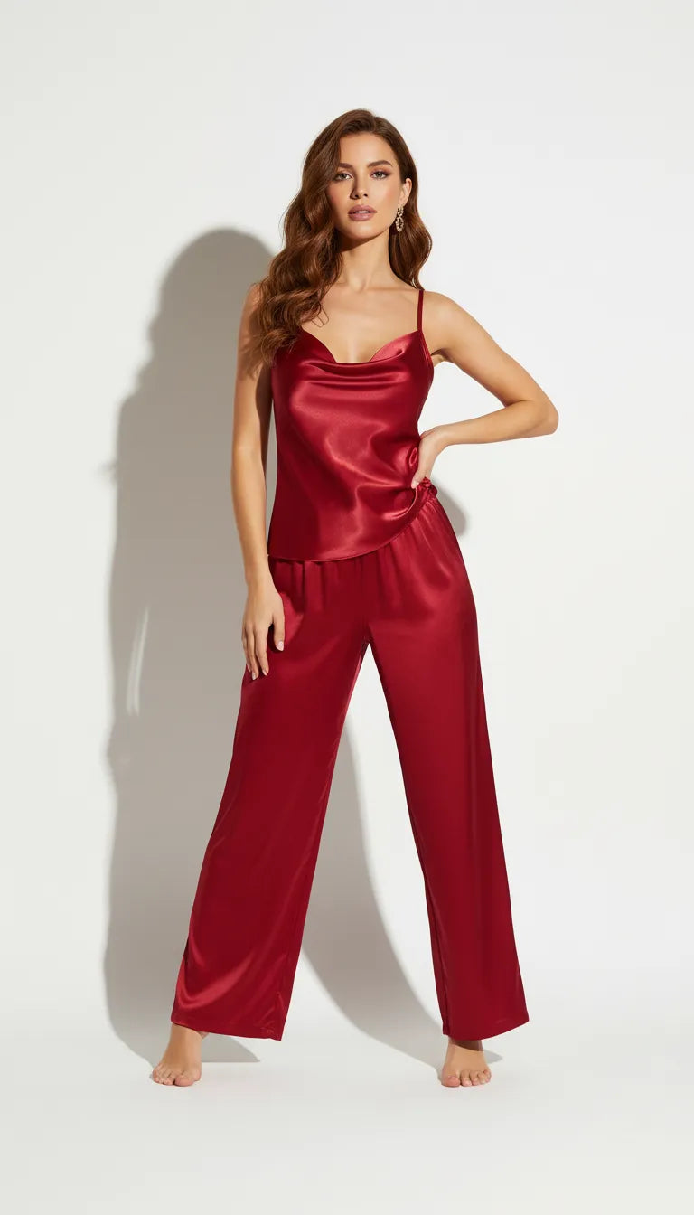 Pyjama Satin Rouge Écarlate pour Femme | Ensemble Débardeur et Pantalon Fluide 2 Pièces - Vue de face