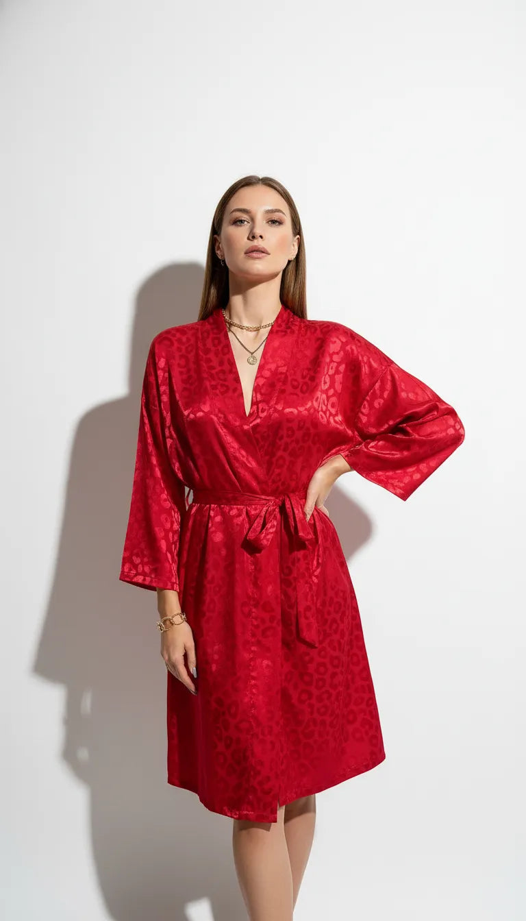 Pyjama Satin Rouge Écarlate pour Femme | Kimono Long à Motif Animalier | 1 Pièce - Vue de face