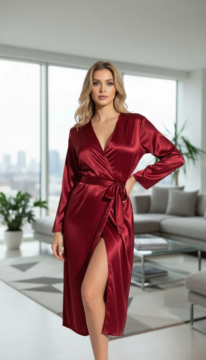 Pyjama Satin Rouge Écarlate pour Femme | Kimono Long Drapé Fendu | 1 Pièce - Mise en situation portée