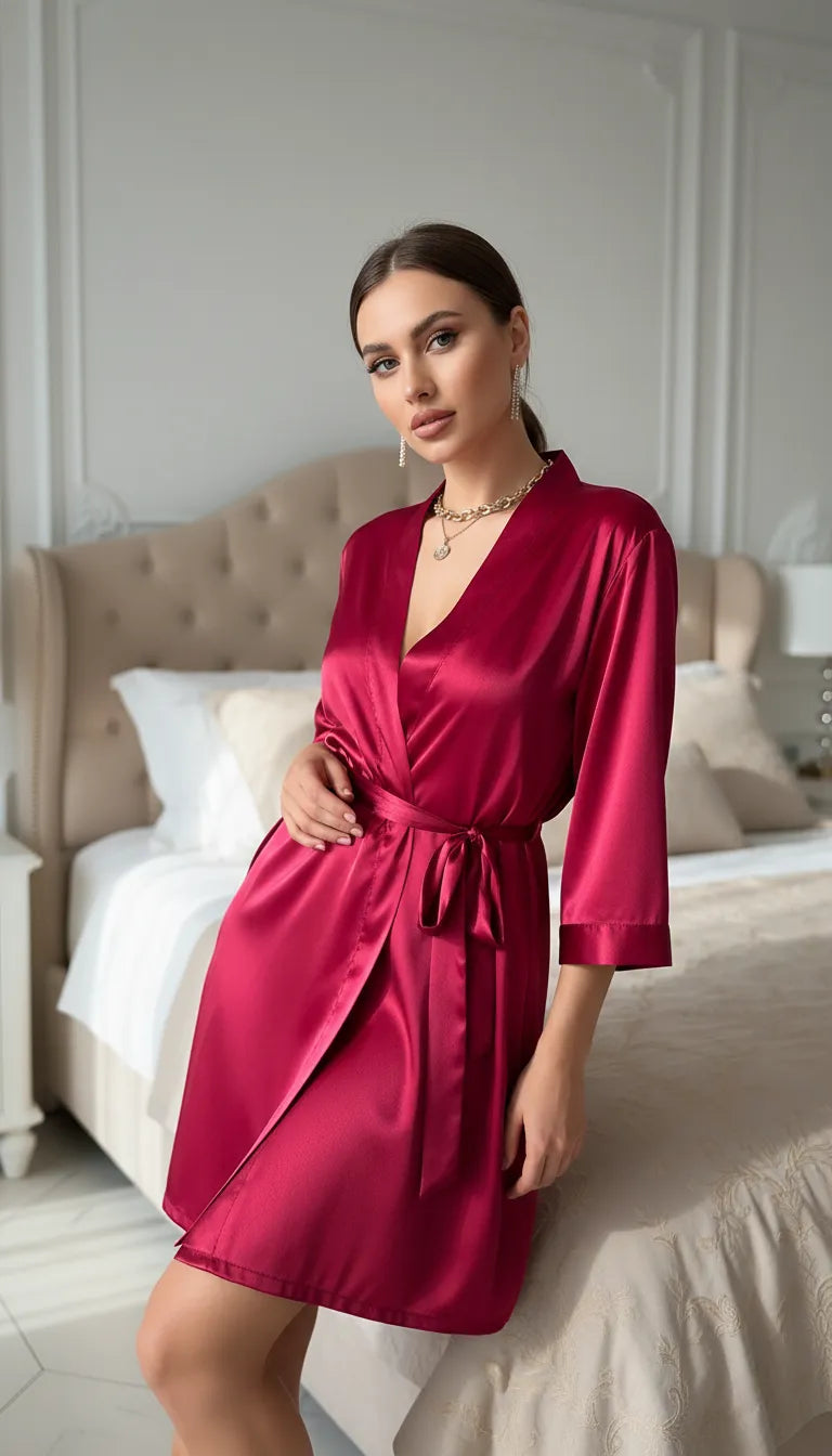 Pyjama Satin Rouge Écarlate pour Femme | Kimono Long Romantique | 1 Pièce - Mise en situation portée