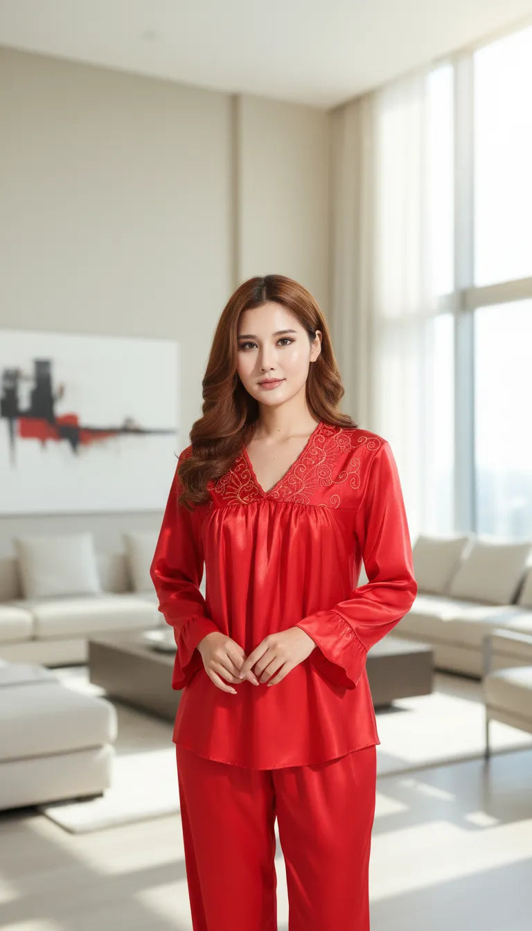 Pyjama Satin Rouge Éclatant pour Femme | Chemise Longue Broderie et Volants | Pantalon Fluide | Ensemble 2 Pièces - Mise en situation portée