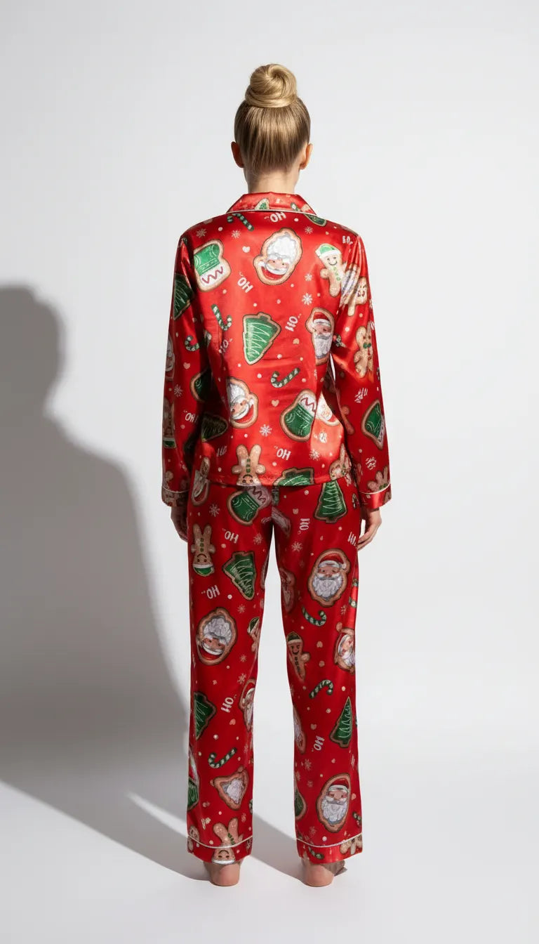 Pyjama Satin Rouge Festif pour Femme | Chemise Manches Longues et Pantalon | Ensemble 2 Pièces - Vue de dos