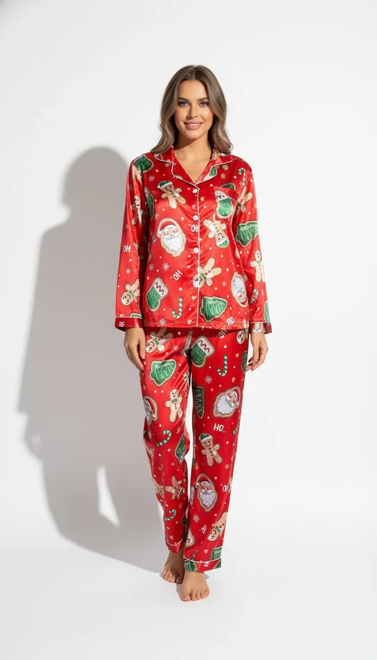 Pyjama Satin Rouge Festif pour Femme | Chemise Manches Longues et Pantalon | Ensemble 2 Pièces - Vue de face