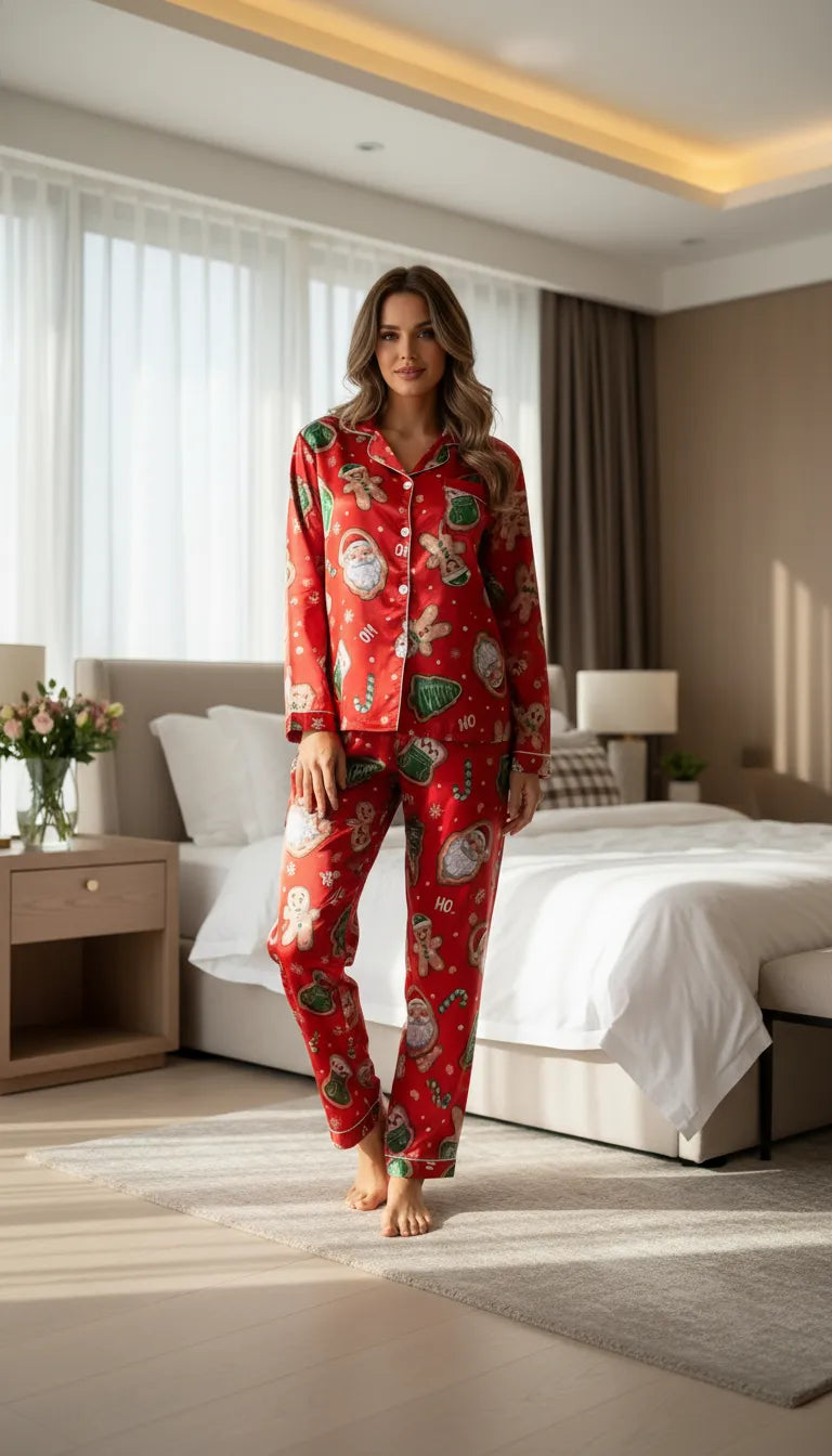 Pyjama Satin Rouge Festif pour Femme | Chemise Manches Longues et Pantalon | Ensemble 2 Pièces - Mise en situation portée