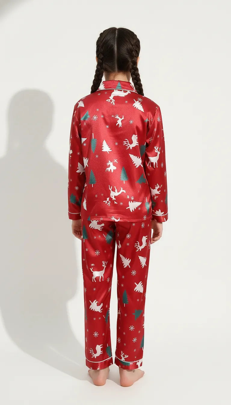 Pyjama Satin Rouge Noël Fille | Ensemble Chemise & Pantalon | Manches longues | 2 Pièces - Vue de dos