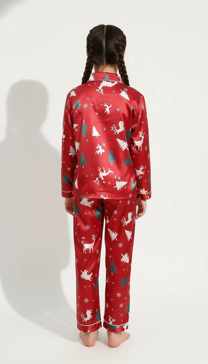 Pyjama Satin Rouge Noël Fille | Ensemble Chemise & Pantalon | Manches longues | 2 Pièces - Vue de dos