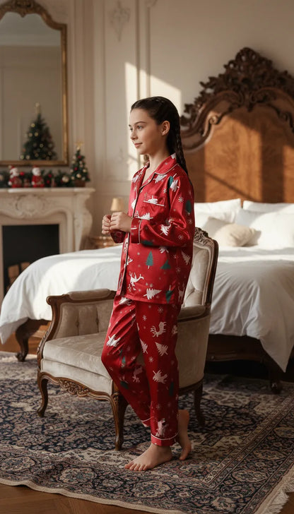 Pyjama Satin Rouge Noël Fille | Ensemble Chemise & Pantalon | Manches longues | 2 Pièces - Mise en situation portée