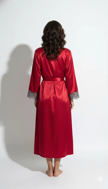 Pyjama Satin Rouge Passion pour Femme | Nuisette Décolletée & Kimono Long | Ensemble 2 Pièces - Vue de dos