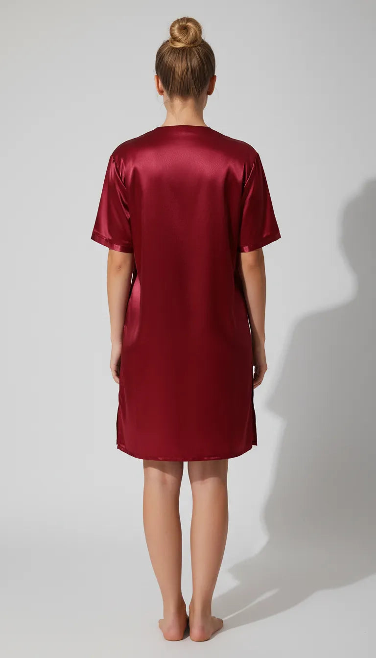 Pyjama Satin Rouge Passion pour Femme | Nuisette Courte avec Fentes Latérales | 1 Pièce - Vue de dos