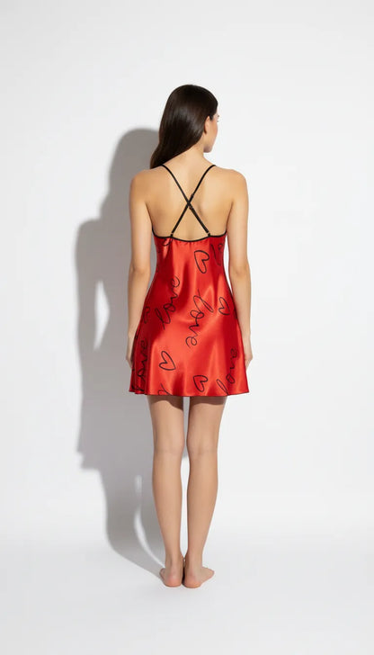 Pyjama Satin Rouge Passion pour Femme | Nuisette Romantique avec Détails Noirs | 1 Pièce - Vue de dos