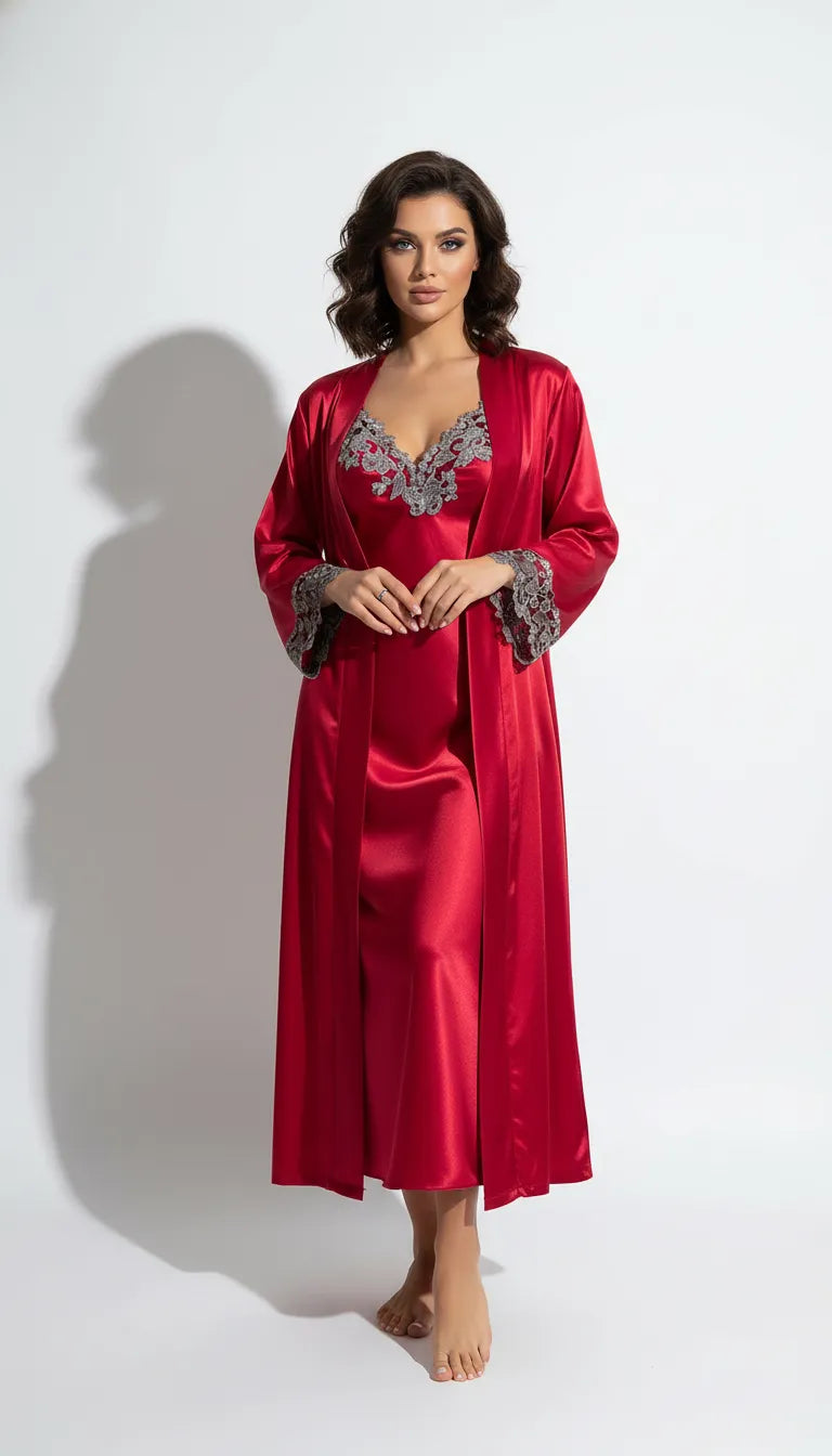 Pyjama Satin Rouge Passion pour Femme | Nuisette Décolletée & Kimono Long | Ensemble 2 Pièces - Vue de face
