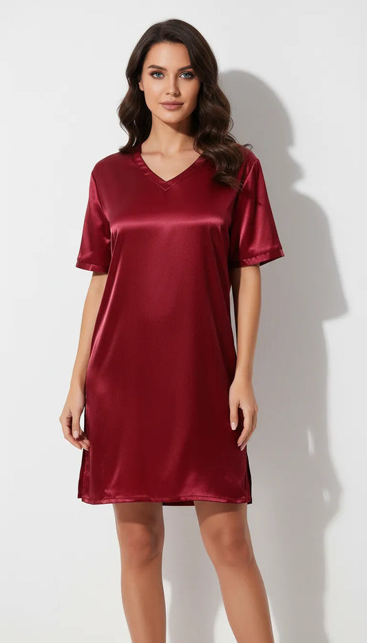 Pyjama Satin Rouge Passion pour Femme | Nuisette Courte avec Fentes Latérales | 1 Pièce - Vue de face