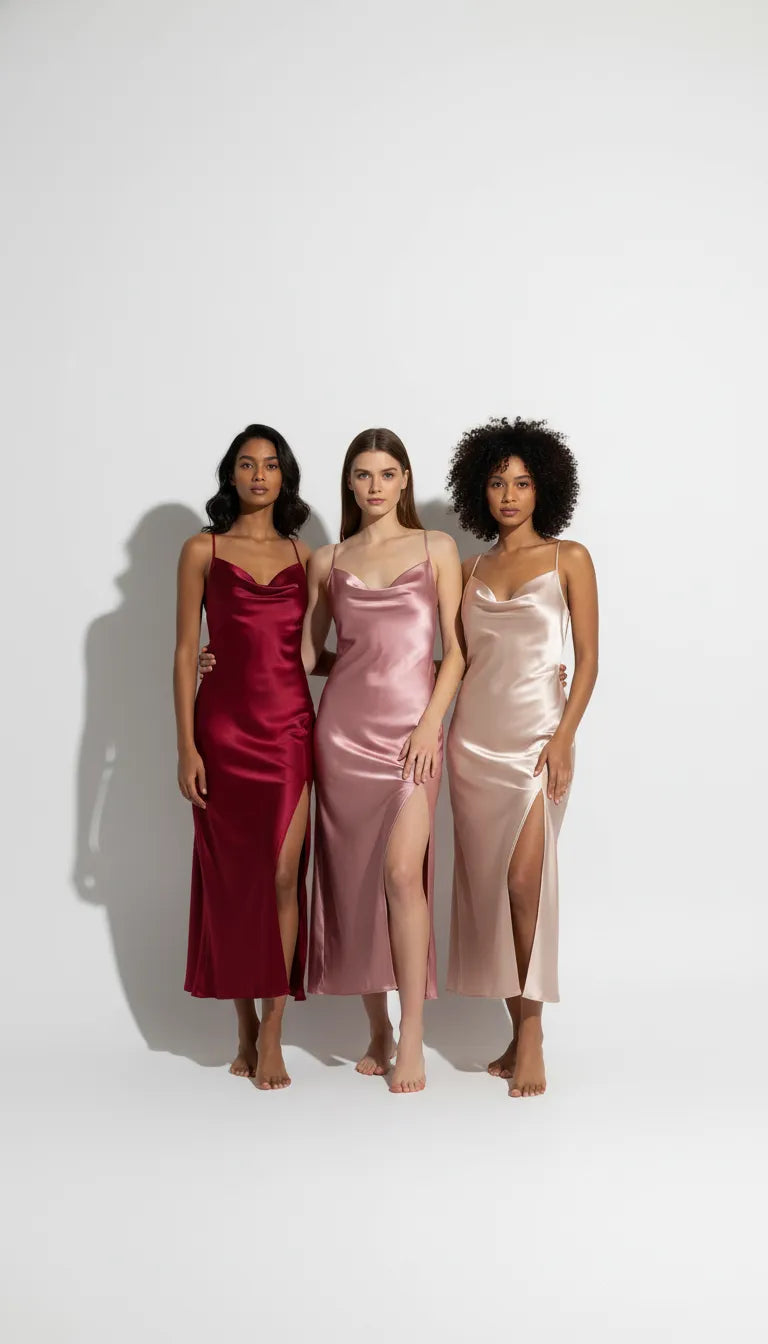 Pyjama Satin Rouge-Rose-Beige | Nuisettes Femme | Décolleté en V | Fines Bretelles | Pack 3 Pièces - Vue de face