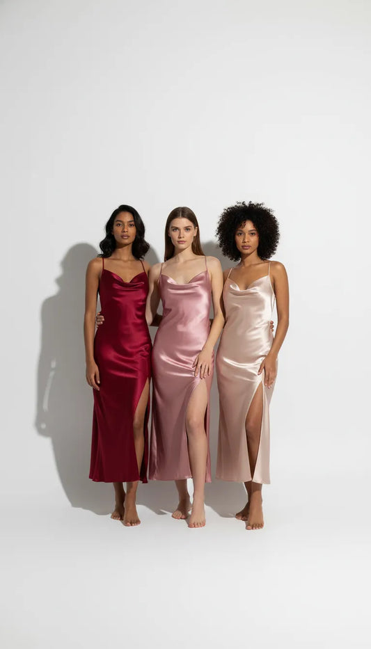 Pyjama Satin Rouge-Rose-Beige | Nuisettes Femme | Décolleté en V | Fines Bretelles | Pack 3 Pièces - Vue de face