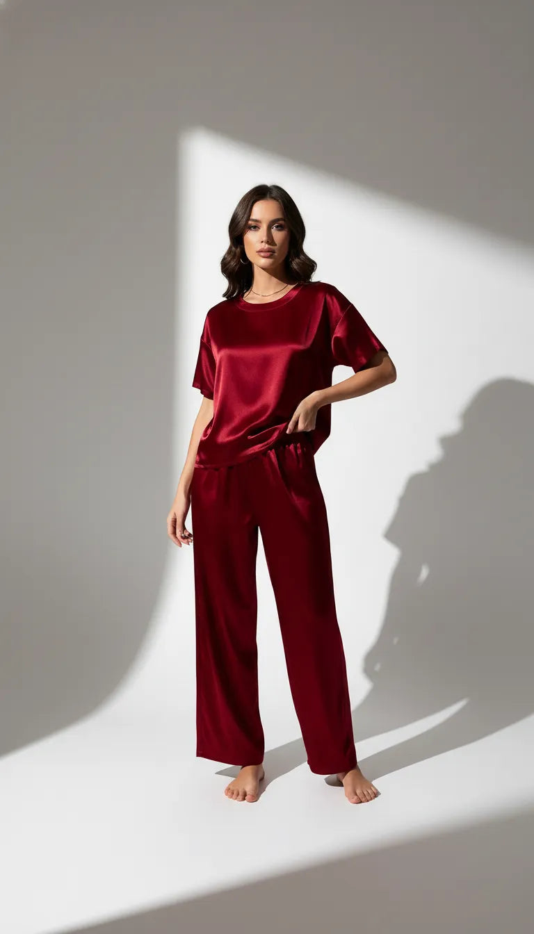 Pyjama Satin Rouge Rubis Femme | Chic et Confortable | Pantalon Fluide et Haut Manches Courtes | 2 Pièces - Vue de face