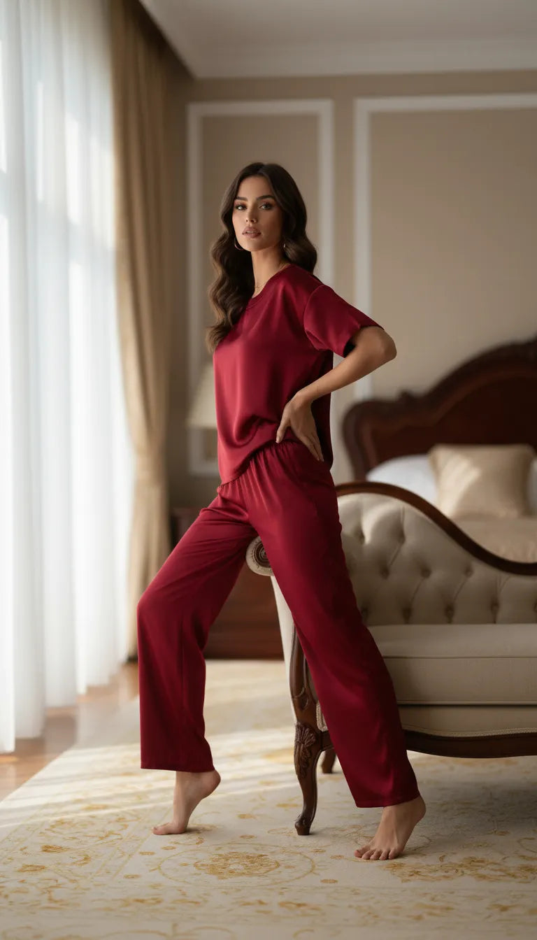 Pyjama Satin Rouge Rubis Femme | Chic et Confortable | Pantalon Fluide et Haut Manches Courtes | 2 Pièces - Mise en situation portée