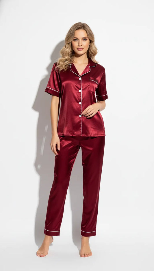 Pyjama Satin Rouge Rubis pour Femme | Ensemble Chemise Manches Courtes et Pantalon | 2 Pièces - Vue de face