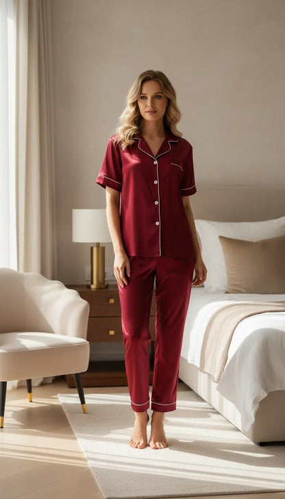 Pyjama Satin Rouge Rubis pour Femme | Ensemble Chemise Manches Courtes et Pantalon | 2 Pièces - Mise en situation portée