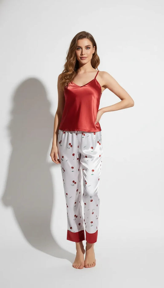 Pyjama Satin Rouge & Blanc Femme | Débardeur Rouge & Pantalon Imprimé Cerises | Ensemble 2 Pièces - Vue de face