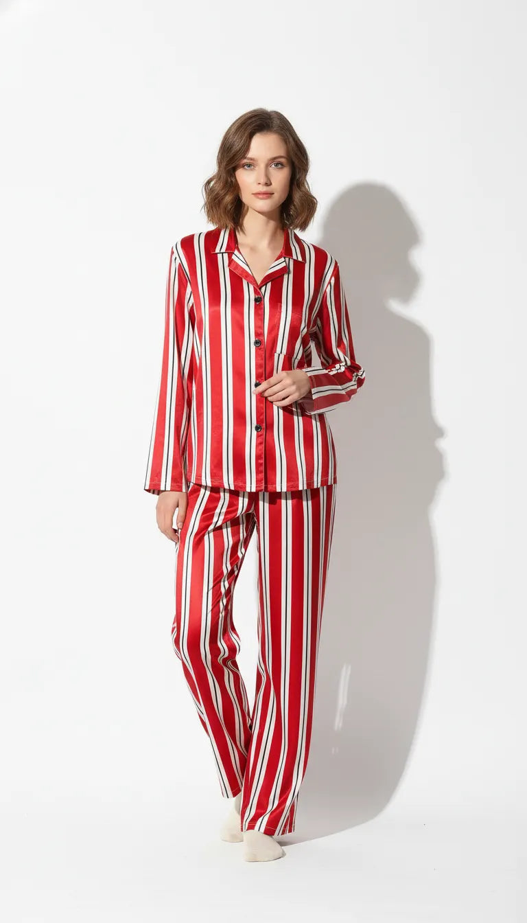 Pyjama Satin Rouge & Blanc pour Femme | Rayures Chics | Chemise manches longues & Pantalon | 2 Pièces - Vue de face
