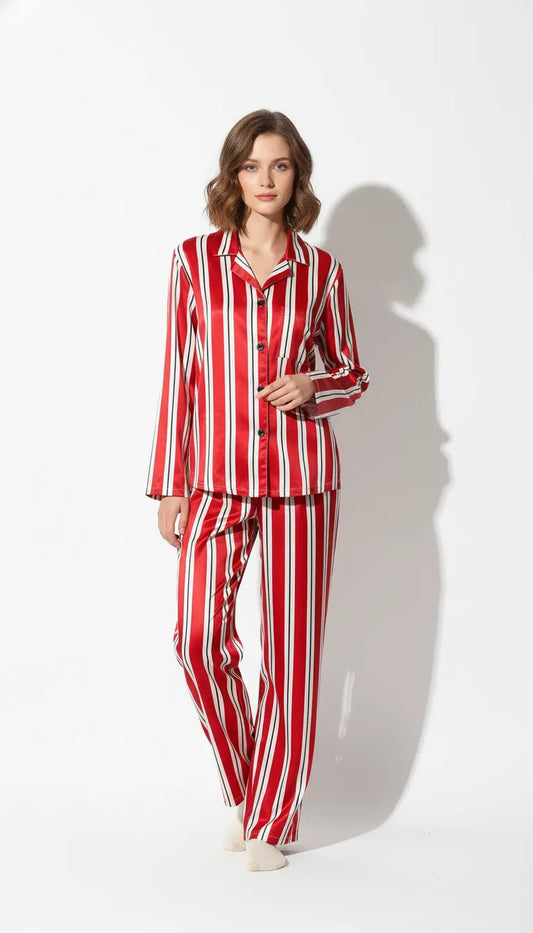 Pyjama Satin Rouge & Blanc pour Femme | Rayures Chics | Chemise manches longues & Pantalon | 2 Pièces - Vue de face