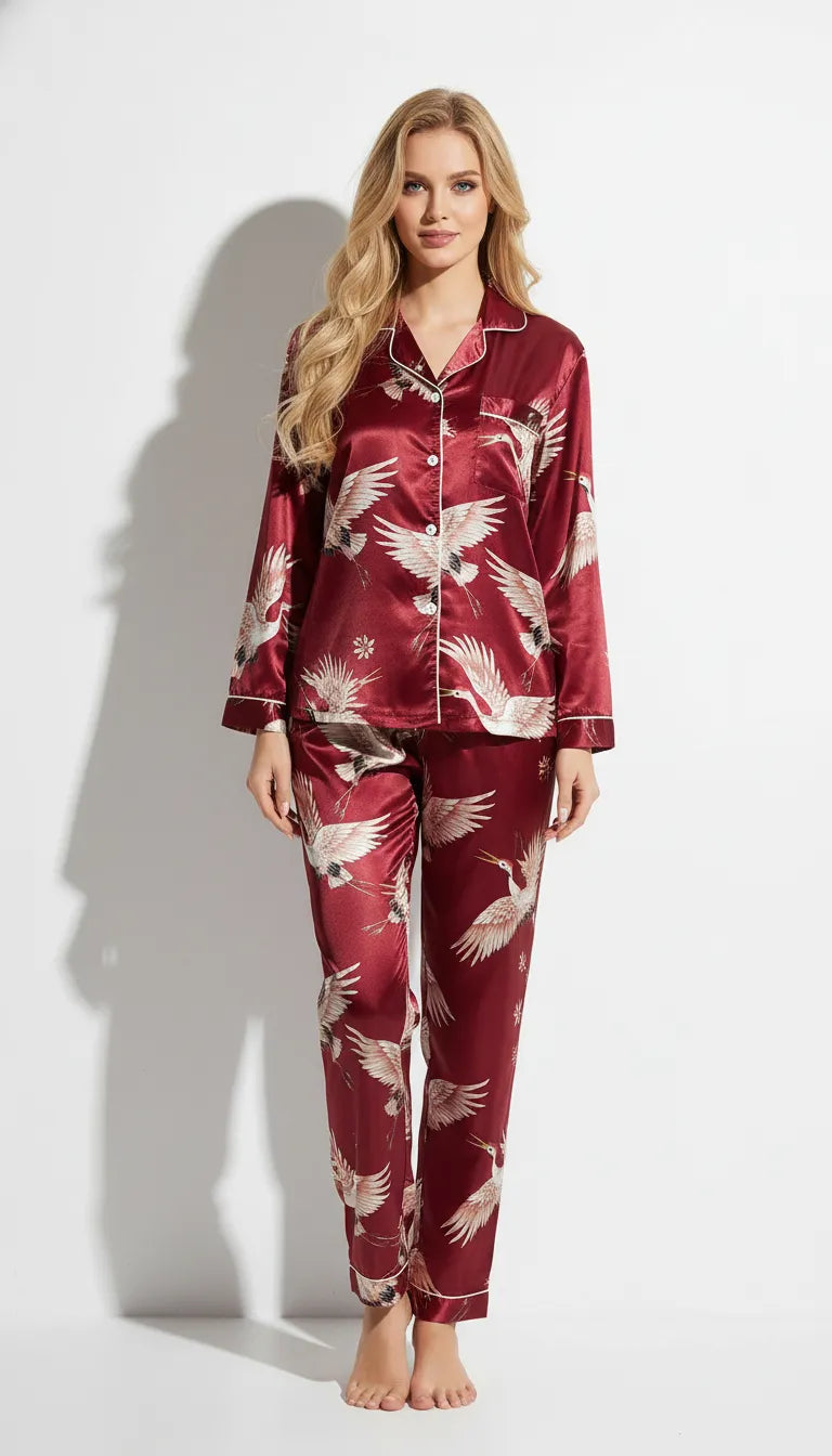 Pyjama Satin Rouge & Blanc Femme | Imprimé Grues & Satiné | Chemise Manches Longues & Pantalon | 2 Pièces - Vue de face