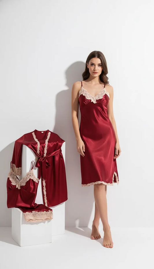 Pyjama Satin Rouge & Crème Femme | Ensemble Romantique | Débardeur & Short & Robe & Peignoir | 5 Pièces - Vue de face