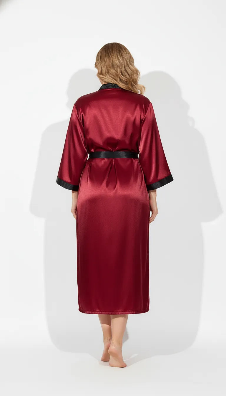 Pyjama Satin Rouge & Noir pour Femme | Kimono Long à Revers Contrastés | 1 Pièce - Vue de dos