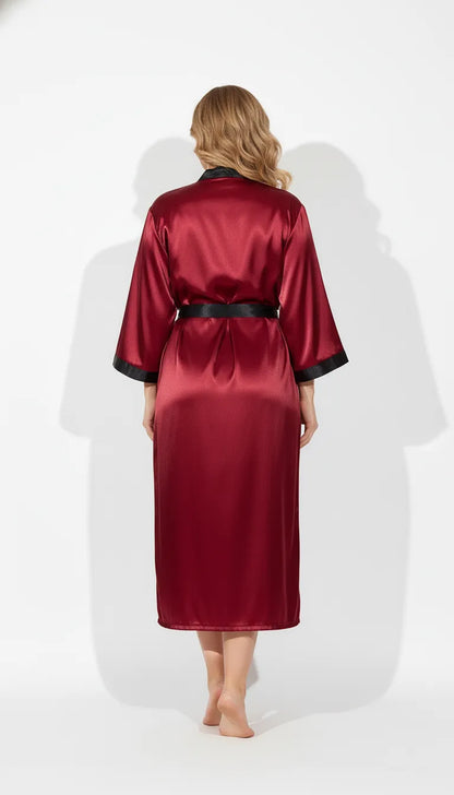 Pyjama Satin Rouge & Noir pour Femme | Kimono Long à Revers Contrastés | 1 Pièce - Vue de dos