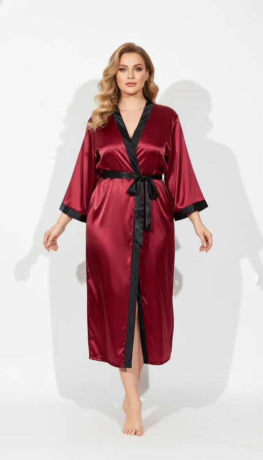 Pyjama Satin Rouge & Noir pour Femme | Kimono Long à Revers Contrastés | 1 Pièce - Vue de face