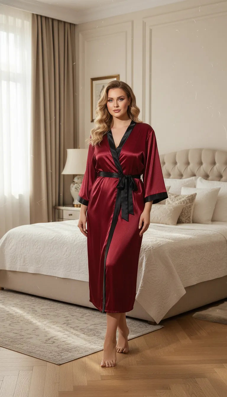 Pyjama Satin Rouge & Noir pour Femme | Kimono Long à Revers Contrastés | 1 Pièce - Mise en situation portée