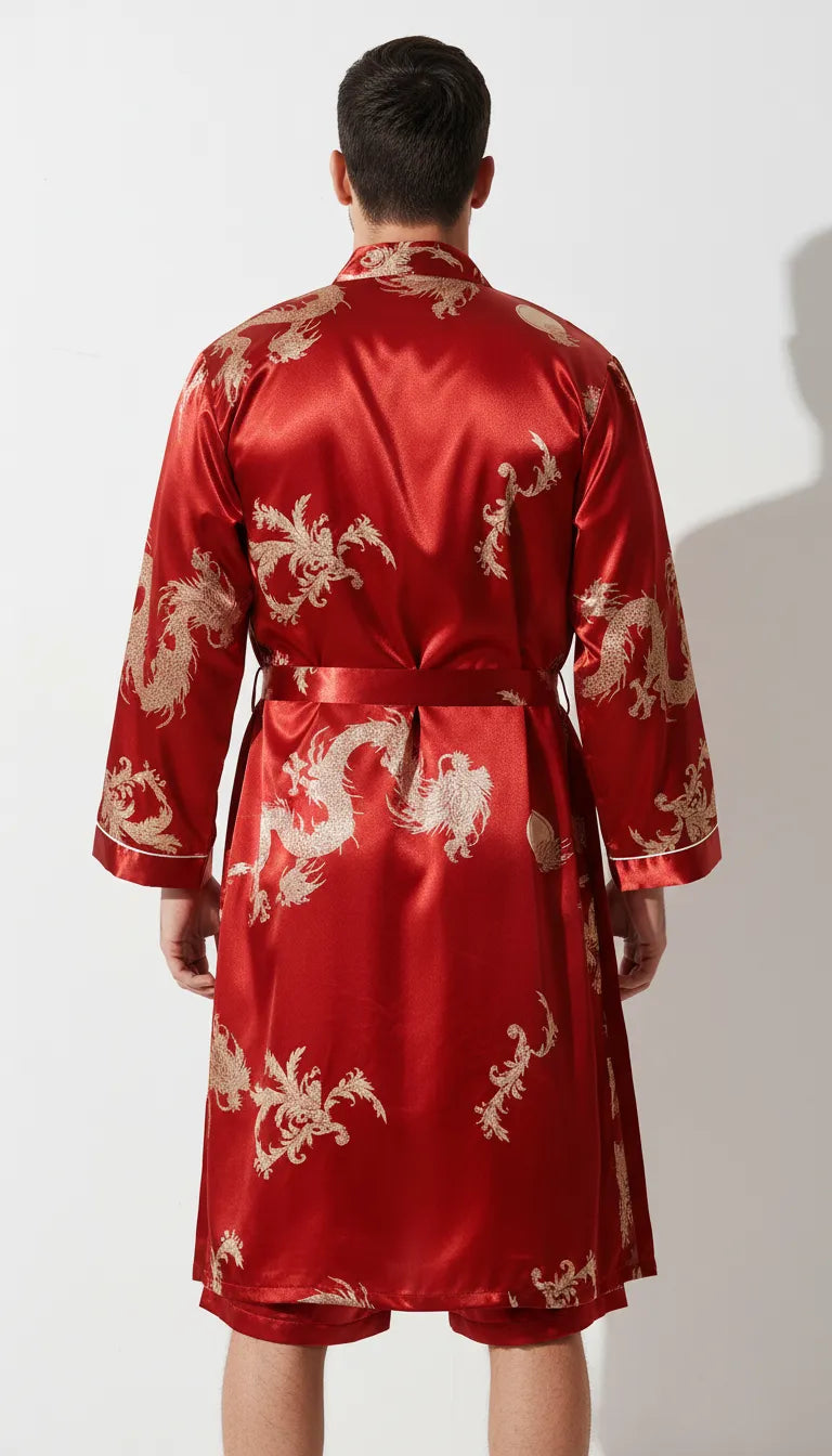 Pyjama Satin Rouge & Or pour Homme | Kimono Dragon Long | Shorty | Manches Longues | 2 Pièces - Vue de dos