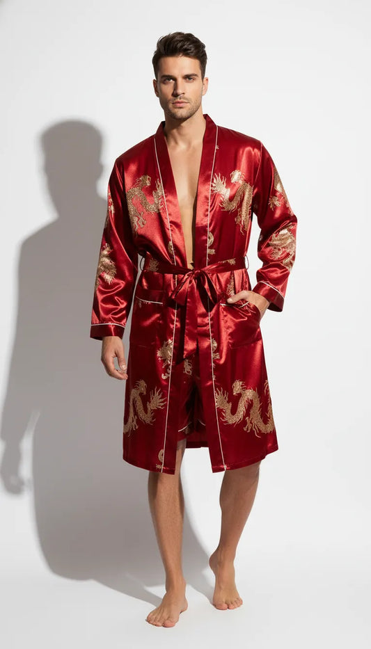 Pyjama Satin Rouge & Or pour Homme | Kimono Dragon Long | Shorty | Manches Longues | 2 Pièces - Vue de face