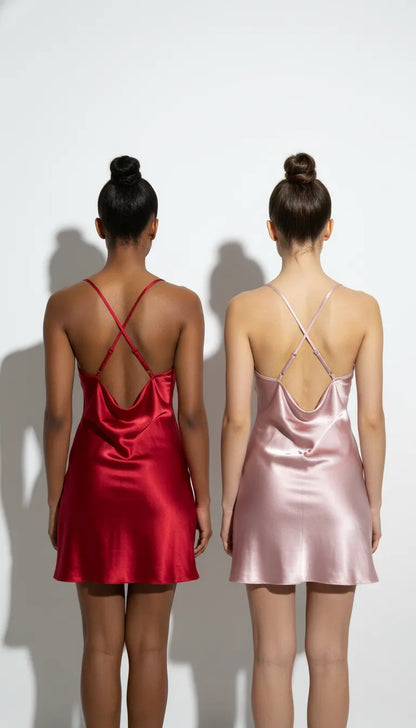 Pyjama Satin Rouge & Rose pour Femme | Nuisettes Fluides Croisées | Pack 2 Pièces - Vue de dos