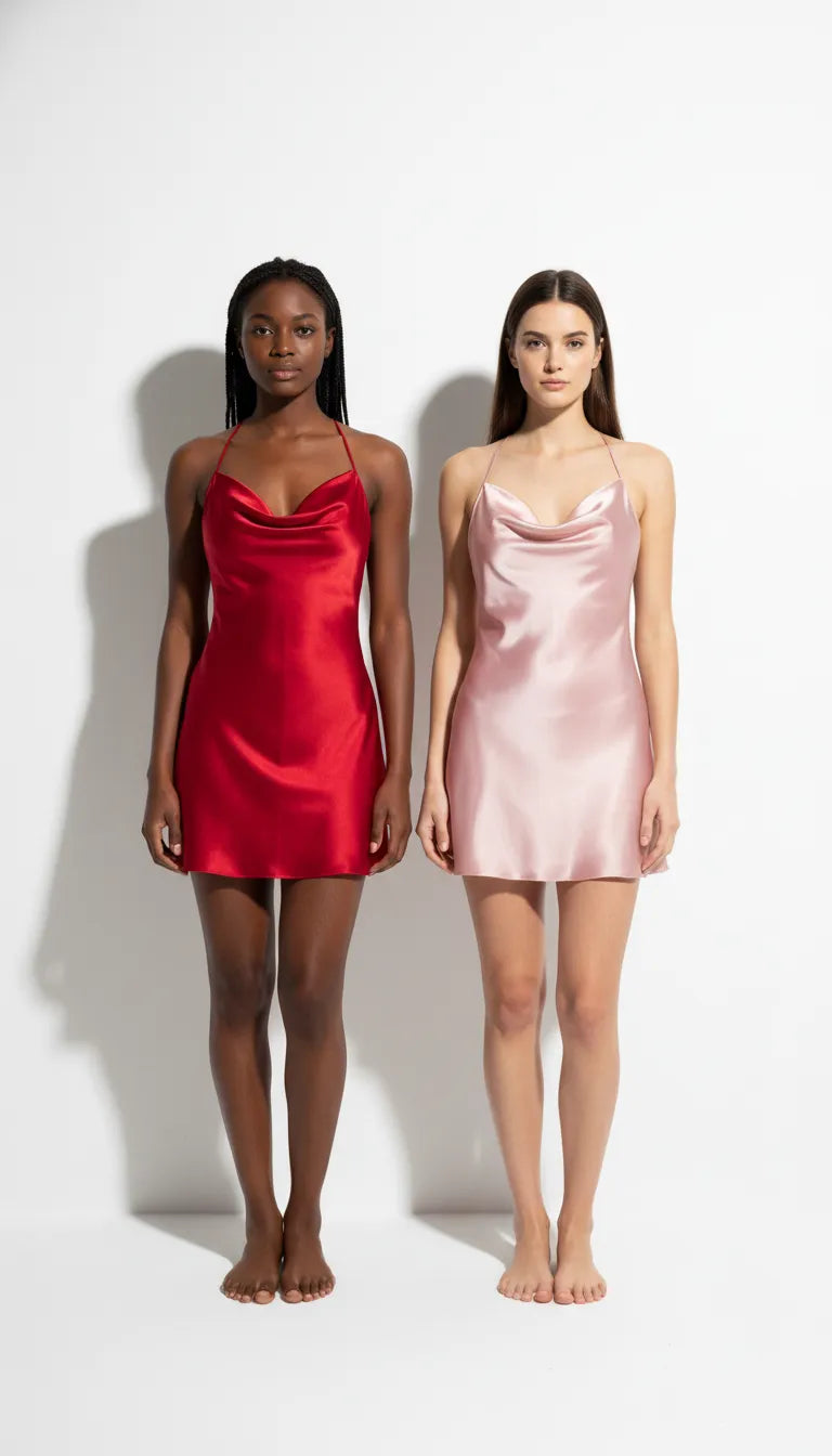 Pyjama Satin Rouge & Rose pour Femme | Nuisettes Fluides Croisées | Pack 2 Pièces - Vue de face