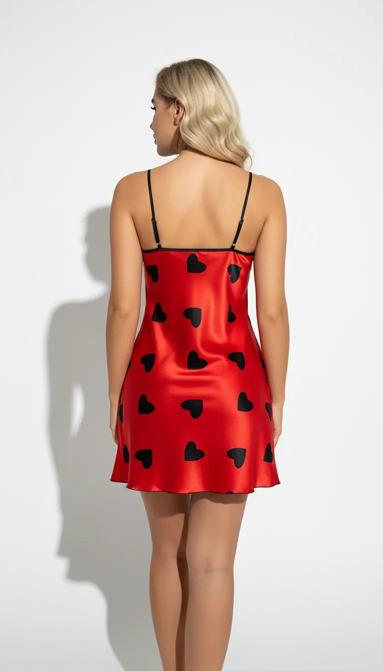 Pyjama Satin Rouge à Coeurs Noirs pour Femme | Nuisette Dentelle | 1 Pièce - Vue de dos