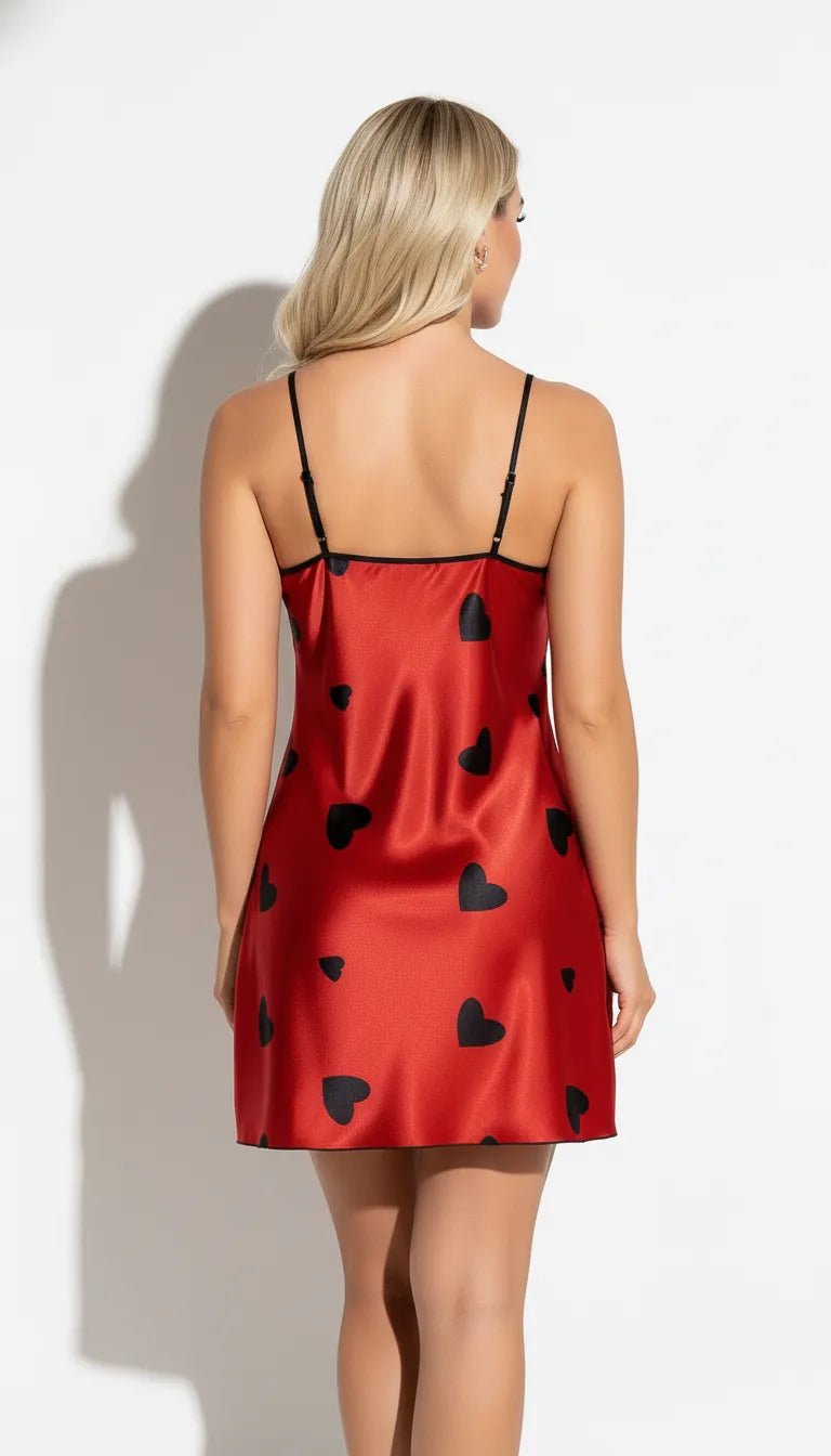 Pyjama Satin Rouge à Coeurs Noirs pour Femme | Nuisette Romantique | 1 Pièce - Vue de dos