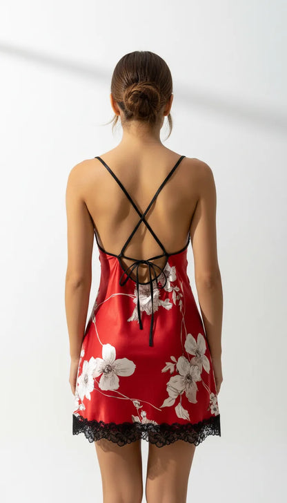 Pyjama Satin Rouge à Fleurs pour Femme | Nuisette Romantique avec Dentelle Noire | 1 Pièce - Vue de dos