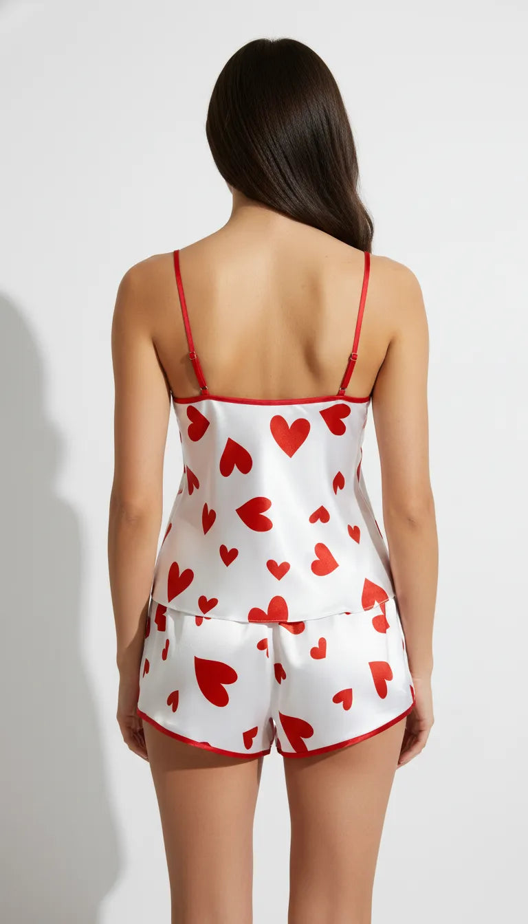 Pyjama Satin Rouge et Blanc pour Femme | Romantique | Débardeur à fines bretelles et Short à liseré | Ensemble 2 Pièces - Vue de dos