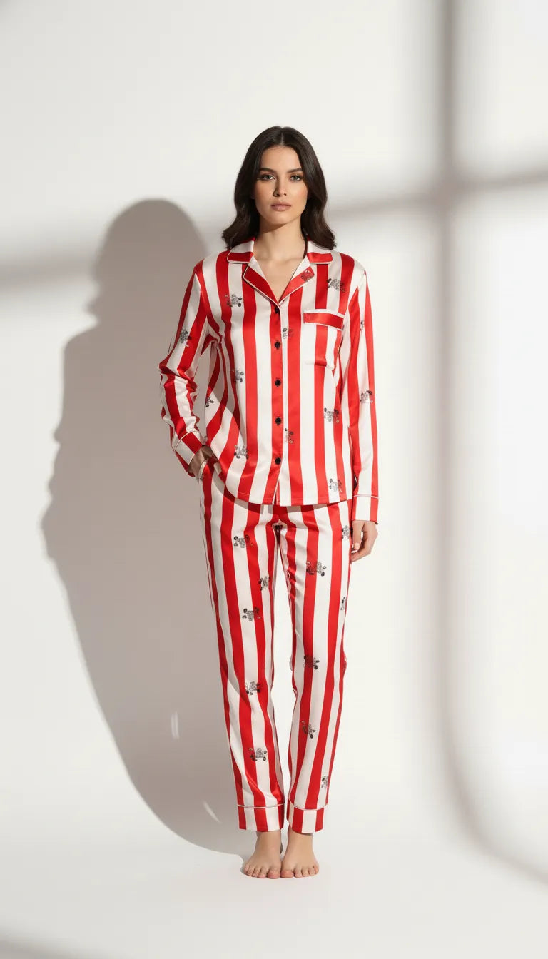Pyjama Satin Rouge et Blanc | Moderne Chic | Chemise Femme | Ensemble 2 Pièces - Vue de face