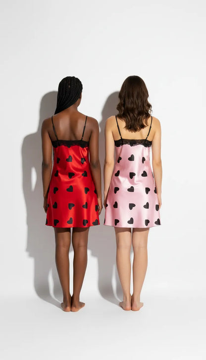 Pyjama Satin Rouge et Rose pour Femme | Nuisette à Coeurs Noirs avec Dentelle | Pack 2 Pièces - Vue de dos