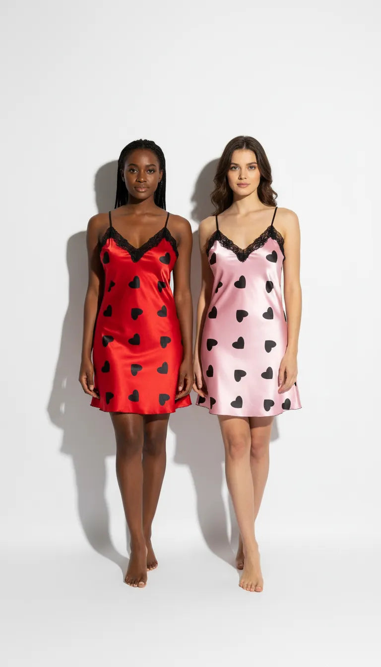 Pyjama Satin Rouge et Rose pour Femme | Nuisette à Coeurs Noirs avec Dentelle | Pack 2 Pièces - Vue de face