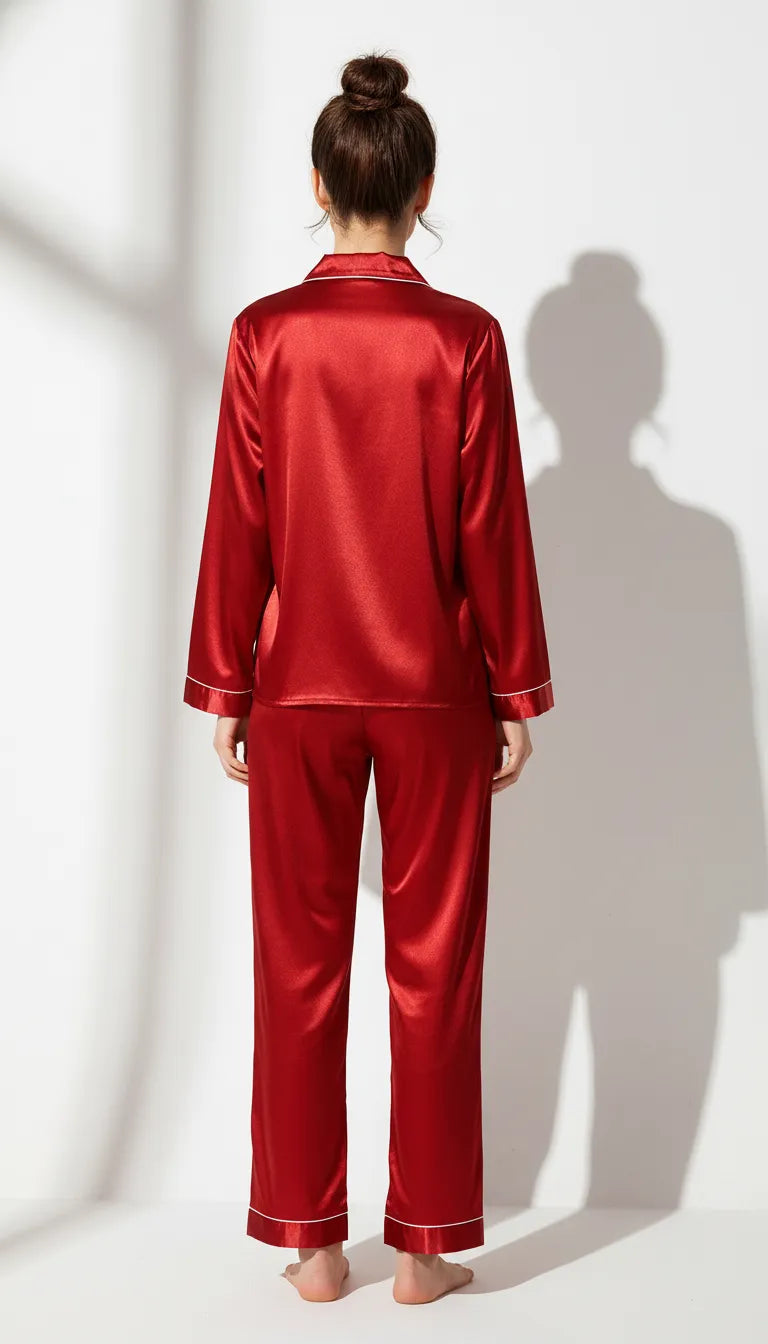 Pyjama Satin Rouge pour Femme | Ensemble Classique Élégant 2 Pièces | Chemise Manches Longues et Pantalon - Vue de dos