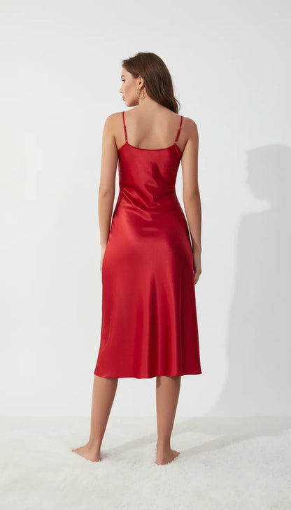 Pyjama Satin Rouge pour Femme | Nuisette Longue | 1 Pièce - Vue de dos