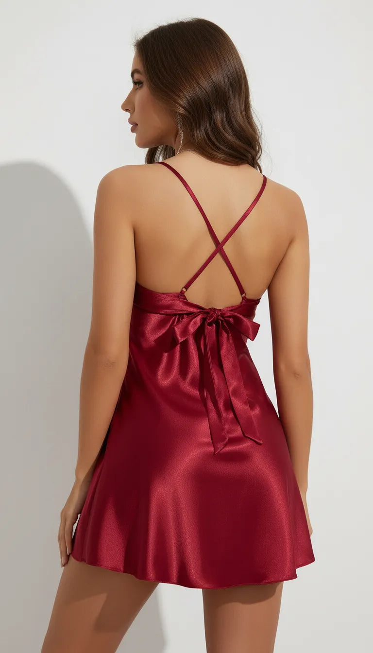 Pyjama Satin Rouge pour Femme | Nuisette Décolletée et Fluide | 1 Pièce - Vue de dos