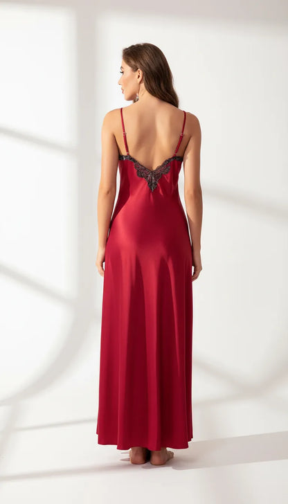 Pyjama Satin Rouge pour Femme | Nuisette Longue avec Décolleté Dentelle | 1 Pièce - Vue de dos