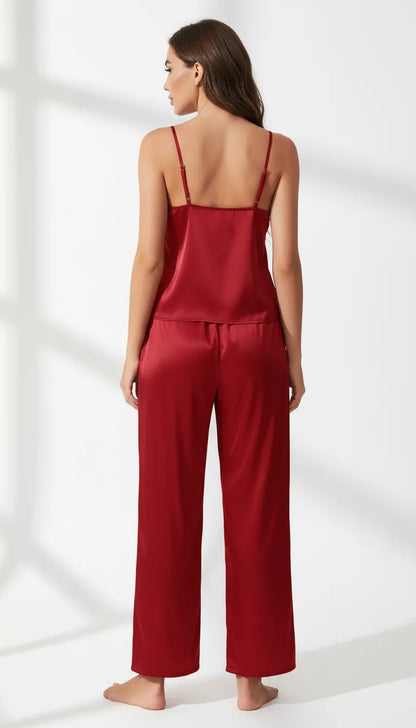 Pyjama Satin Rouge pour Femme | Débardeur avec Dentelle & Pantalon | Ensemble 2 Pièces - Vue de dos