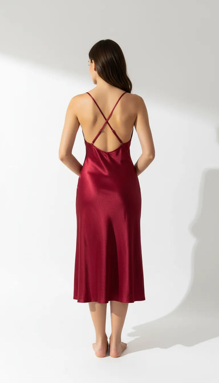 Pyjama Satin Rouge pour Femme | Nuisette Longue avec Dentelle | 1 Pièce - Vue de dos