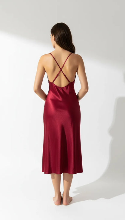 Pyjama Satin Rouge pour Femme | Nuisette Longue avec Dentelle | 1 Pièce - Vue de dos