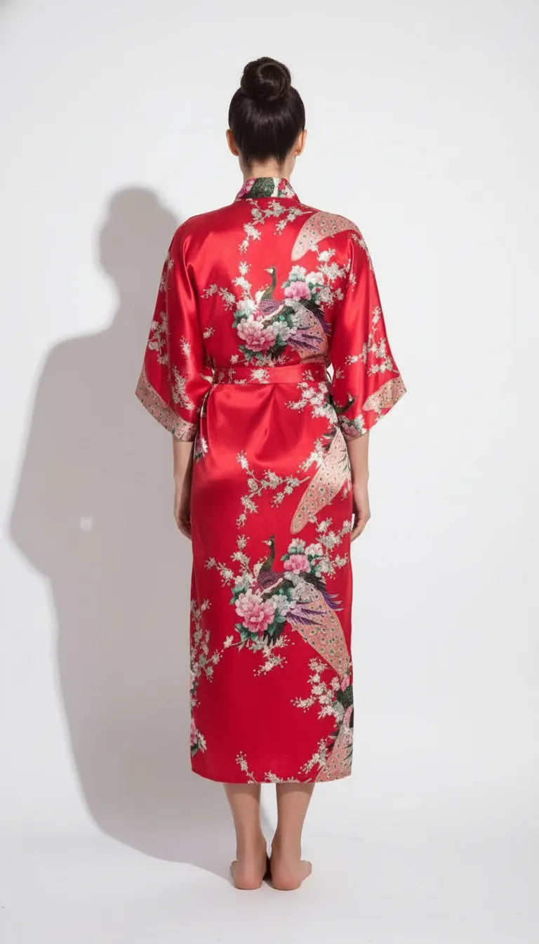 Pyjama Satin Rouge pour Femme | Kimono Long à Motifs Floraux | 1 Pièce - Vue de dos